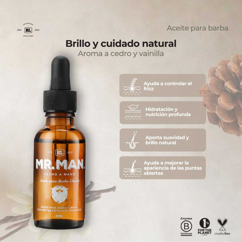 Ficha de beneficios del Aceite para Barba Clásico Mr. Man. Hidrata y nutre la barba, ayuda a controlar el frizz y aporta brillo natural.