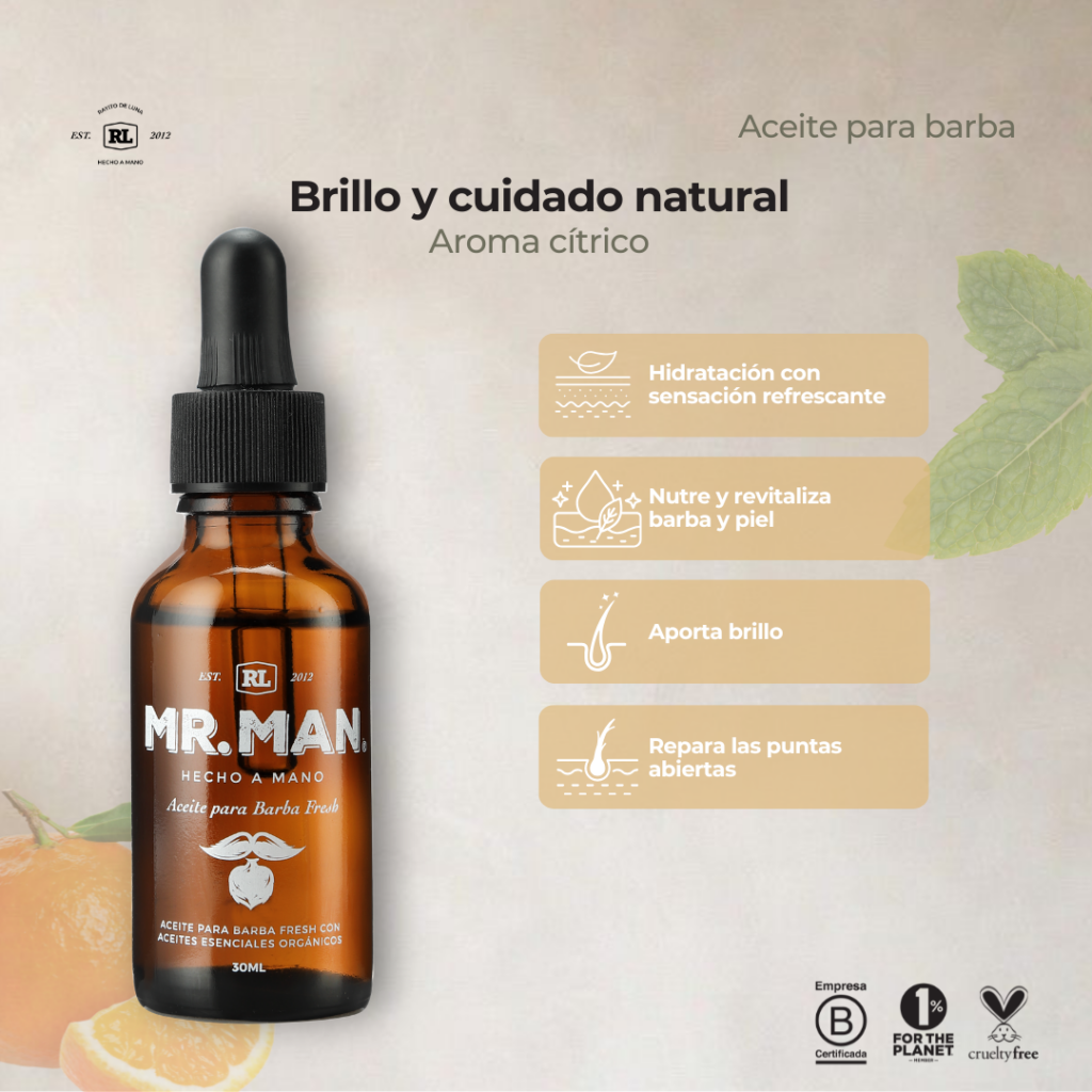 Ficha de beneficios del Aceite para Barba Fresh Mr. Man. Hidrata y suaviza la barba mientras ayuda a controlar el frizz y brinda una sensación refrescante.