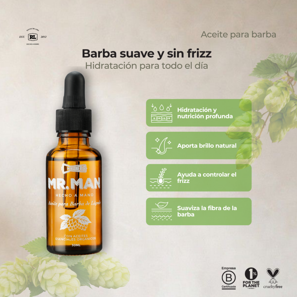 Ficha de beneficios del Aceite para Barba de Lúpulo Mr. Man. Hidrata y acondiciona la barba, ayuda a controlar el frizz y aporta suavidad.
