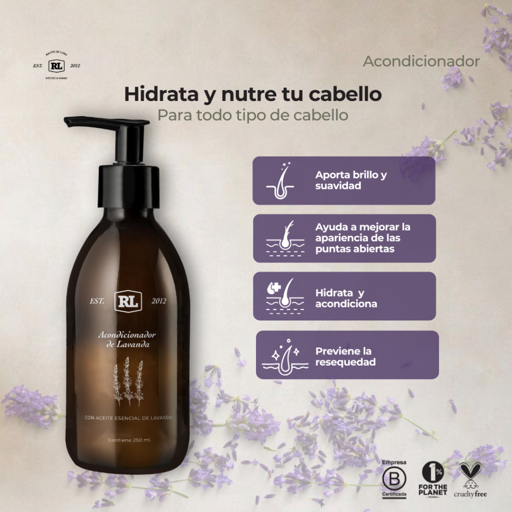 Ficha de beneficios del Acondicionador Rayito de Luna. Hidrata y nutre el cabello mientras ayuda a controlar el frizz y reparar las puntas.