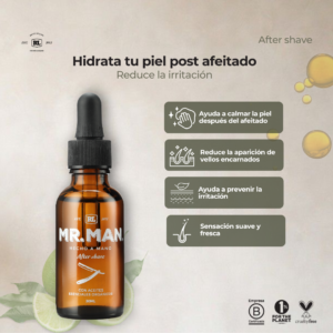 Ficha de beneficios del After Shave Mr. Man. Calma e hidrata la piel después del afeitado y ayuda a reducir la irritación.