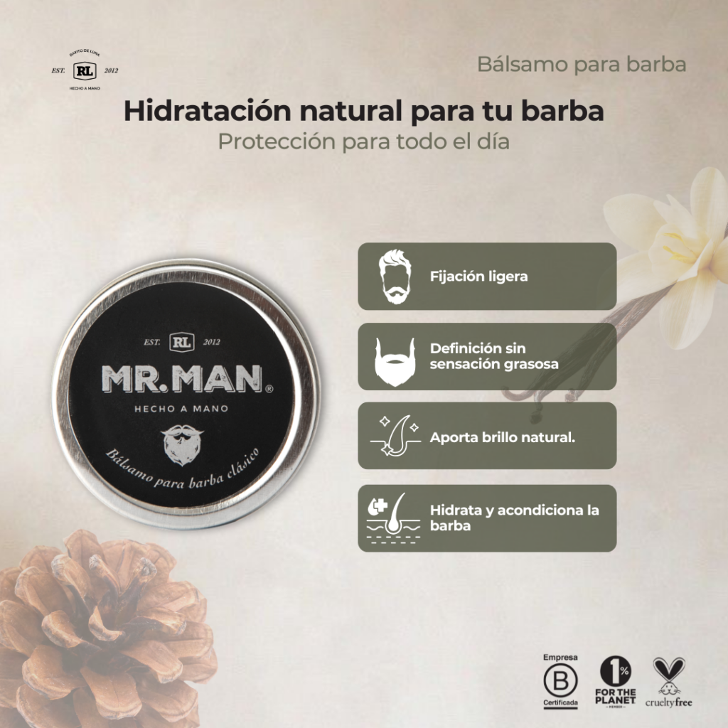 Ficha de beneficios del Bálsamo para Barba Mr. Man. Hidrata y acondiciona la barba, ayuda a controlar el frizz y aporta suavidad para un acabado natural.