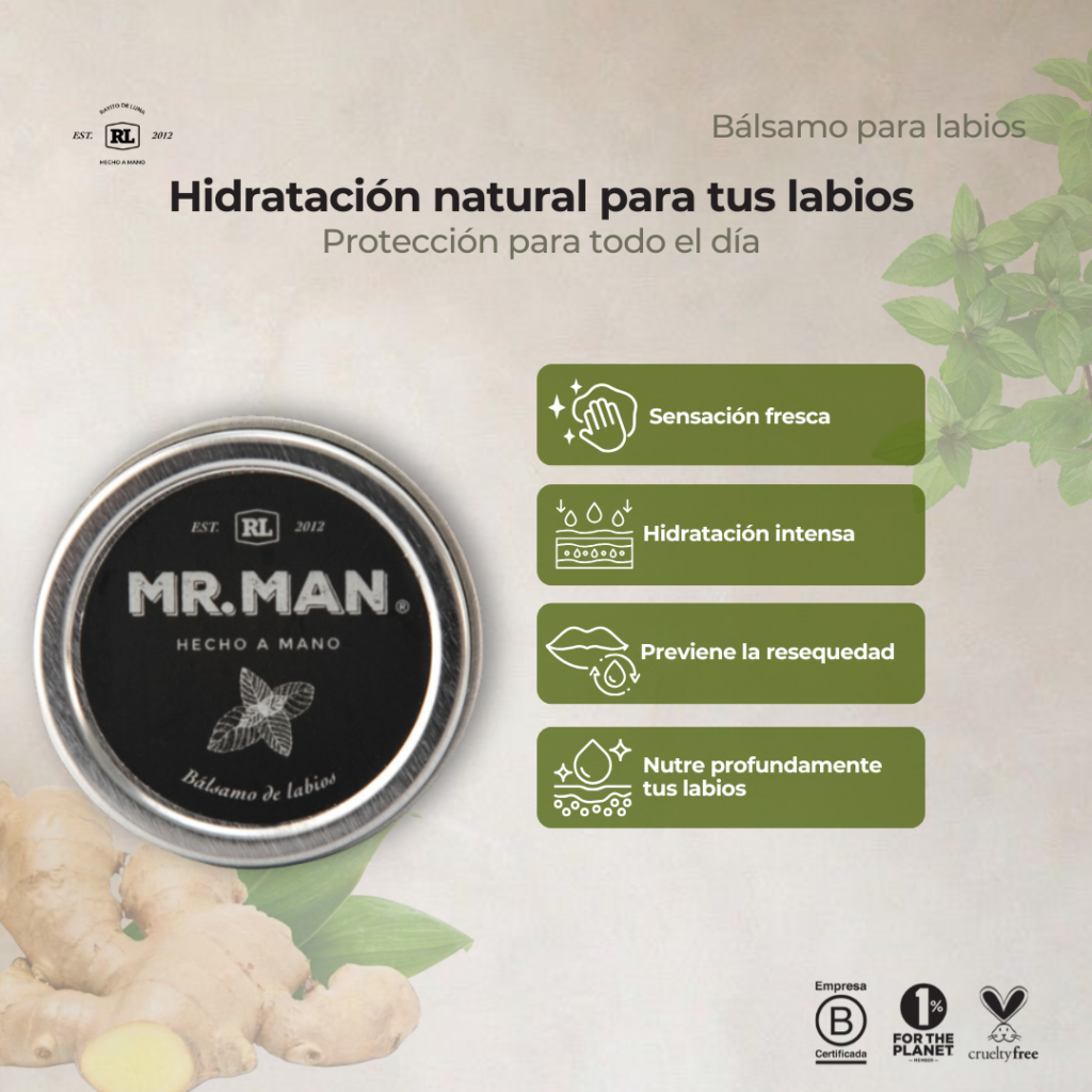 Ficha de beneficios del Bálsamo para Labios Mr. Man. Hidrata profundamente los labios, ayuda a proteger su barrera natural y brinda suavidad duradera.