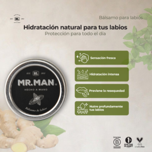 Ficha de beneficios del Bálsamo para Labios Mr. Man. Hidrata profundamente los labios, ayuda a proteger su barrera natural y brinda suavidad duradera.