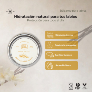 Ficha de beneficios del Bálsamo para Labios de Vainilla Rayito de Luna. Hidrata profundamente los labios y ayuda a proteger su barrera natural.