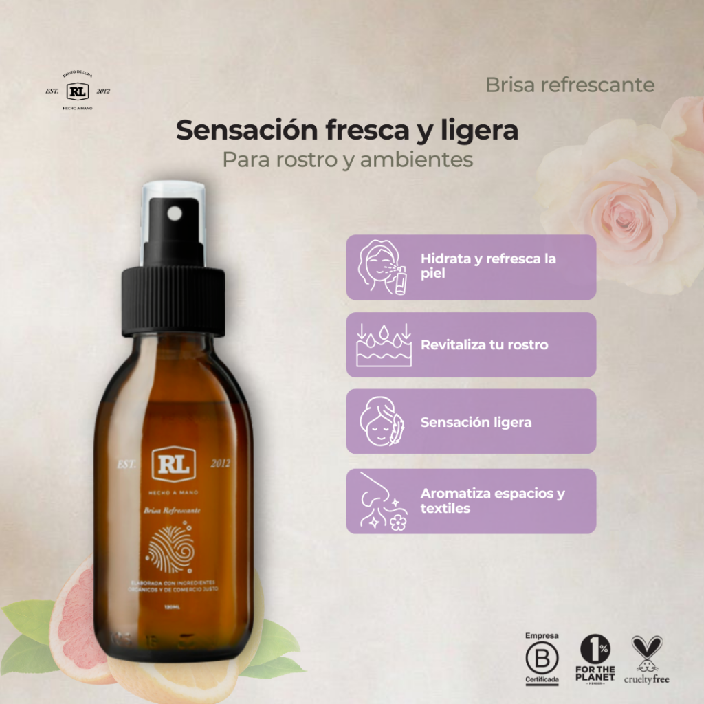 Ficha de beneficios de la Brisa Refrescante Rayito de Luna con aceite esencial de menta. Refresca el rostro, brinda sensación ligera y rápida absorción.