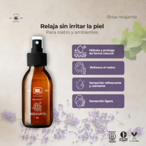 Ficha de beneficios de la Brisa Relajante Rayito de Luna con aceite esencial de lavanda. Refresca el rostro, proporciona una sensación ligera y rápida absorción.