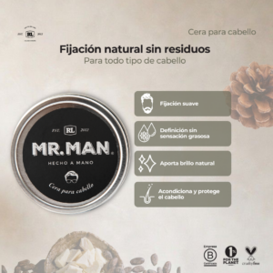 Ficha de beneficios de la Cera para Cabello Mr. Man. Proporciona fijación flexible, ayuda a definir el peinado y aporta un acabado brillante.