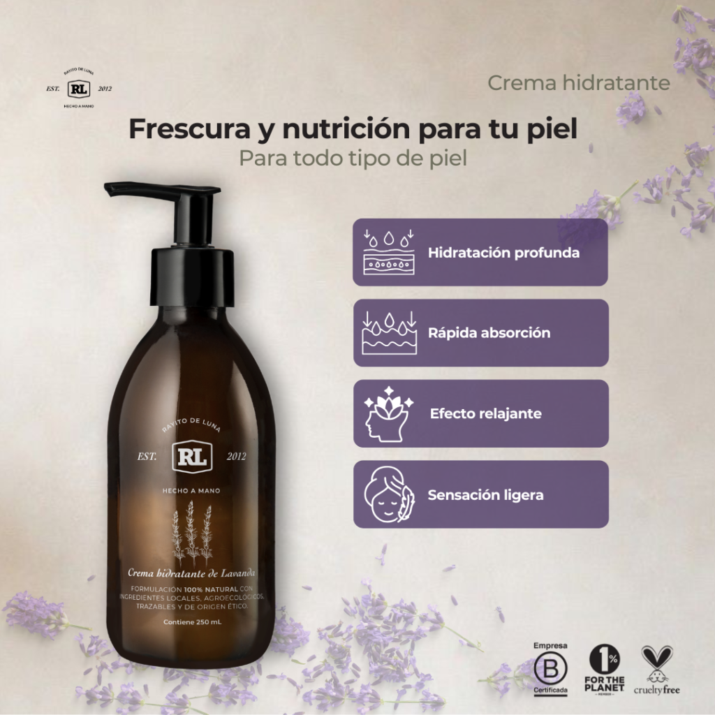 Ficha de beneficios de la Crema Hidratante de Lavanda Rayito de Luna. Hidrata profundamente la piel, proporciona sensación ligera y rápida absorción.