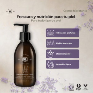 Ficha de beneficios de la Crema Hidratante de Lavanda Rayito de Luna. Hidrata profundamente la piel, proporciona sensación ligera y rápida absorción.