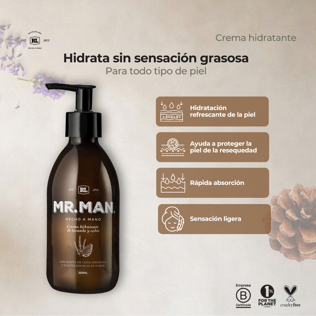 Ficha de beneficios de la Crema Hidratante Mr. Man. Hidrata profundamente la piel mientras ayuda a mantenerla suave y protegida.