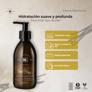 Ficha de beneficios de la Crema Hidratante de Vainilla Rayito de Luna. Hidrata profundamente la piel, proporciona una sensación ligera y rápida absorción.
