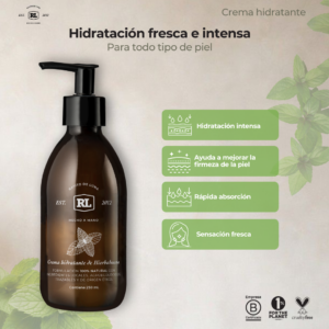 Ficha de beneficios de la Crema Hidratante de Hierbabuena Rayito de Luna. Hidrata profundamente la piel mientras brinda una sensación refrescante y de rápida absorción.