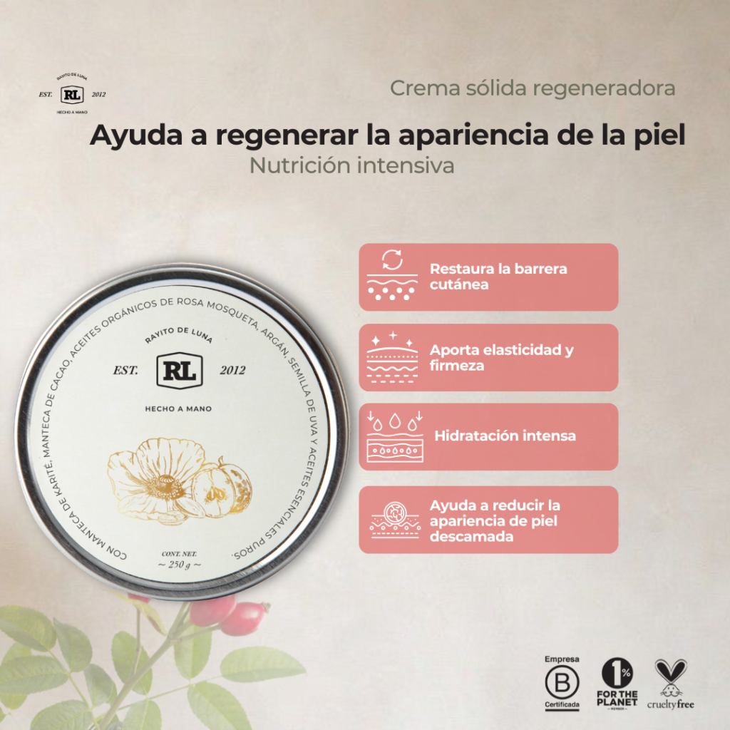 Ficha de beneficios de la Crema Regeneradora Rayito de Luna. Ayuda a regenerar la piel, proporciona hidratación profunda y favorece la recuperación de zonas resecas.