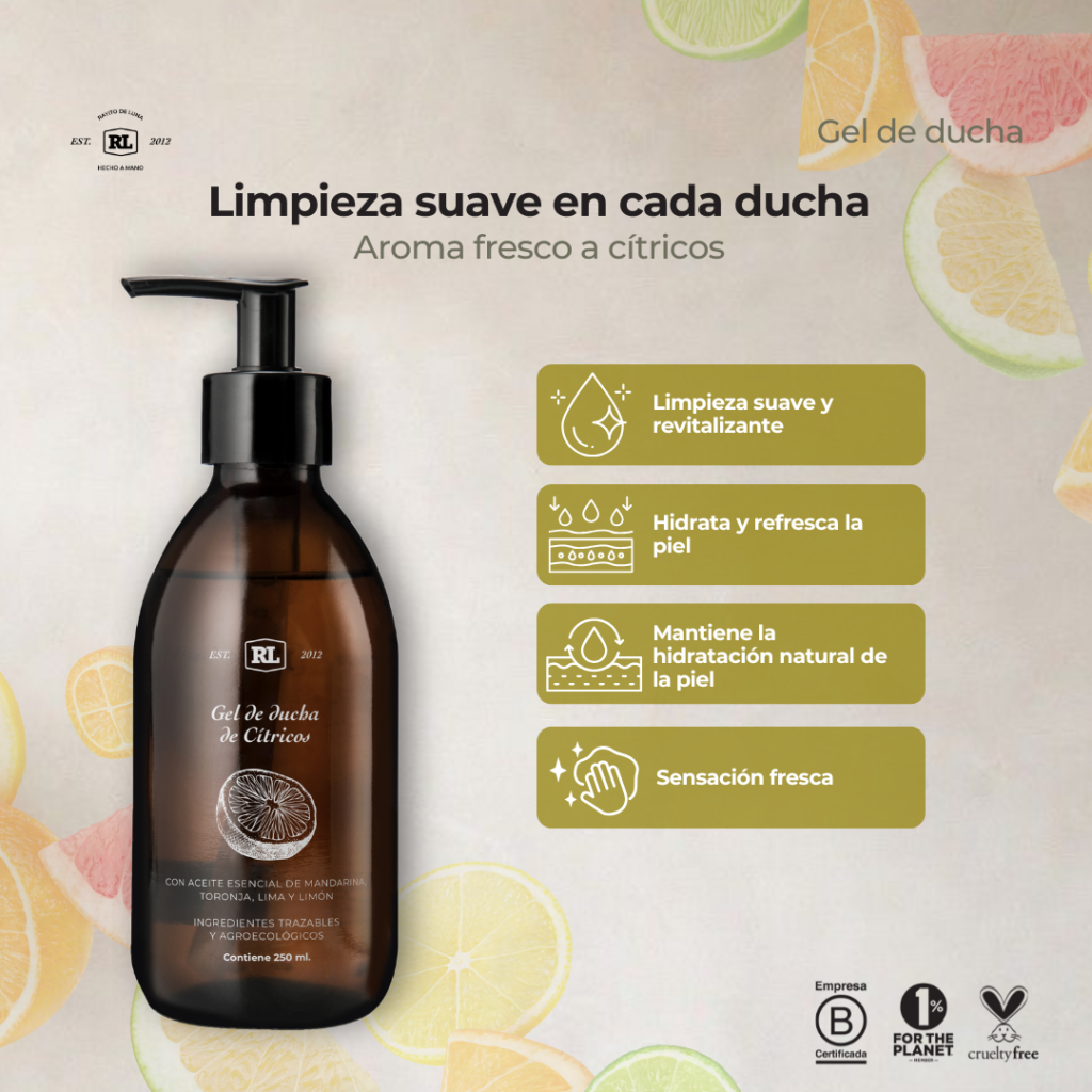 Ficha de beneficios del Gel de Ducha Rayito de Luna. Limpia suavemente la piel sin resecarla y ayuda a mantener su hidratación natural.