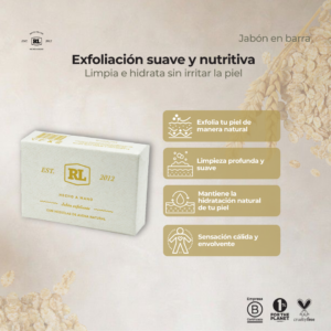 Ficha de beneficios del Jabón Exfoliante de Avena Rayito de Luna. Limpia y exfolia suavemente la piel para una sensación de suavidad.