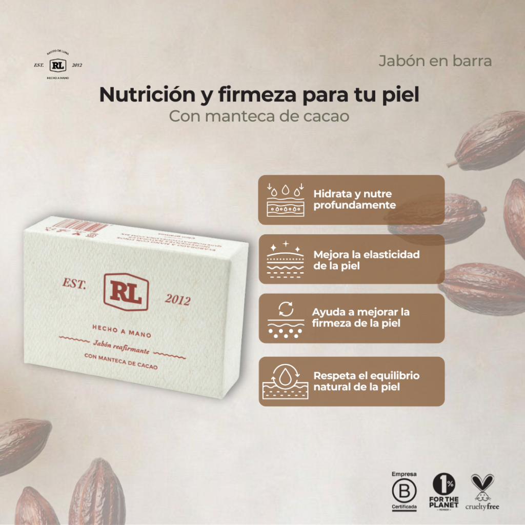 Ficha de beneficios del Jabón en Barra de Chocolate Rayito de Luna. Limpia suavemente la piel mientras ayuda a mantenerla firme e hidratada.