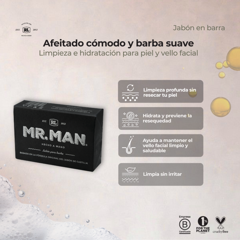 Ficha de beneficios del Jabón en Barra Neutro Mr. Man. Limpia la piel y la barba suavemente sin resecar.