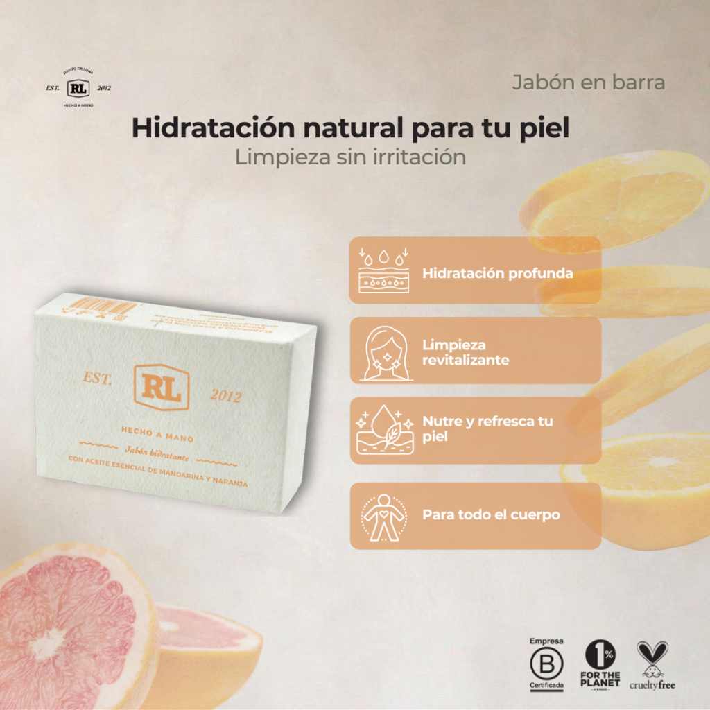 Ficha de beneficios del Jabón en Barra de Cítricos Rayito de Luna. Limpia suavemente la piel y brinda una sensación de frescura.
