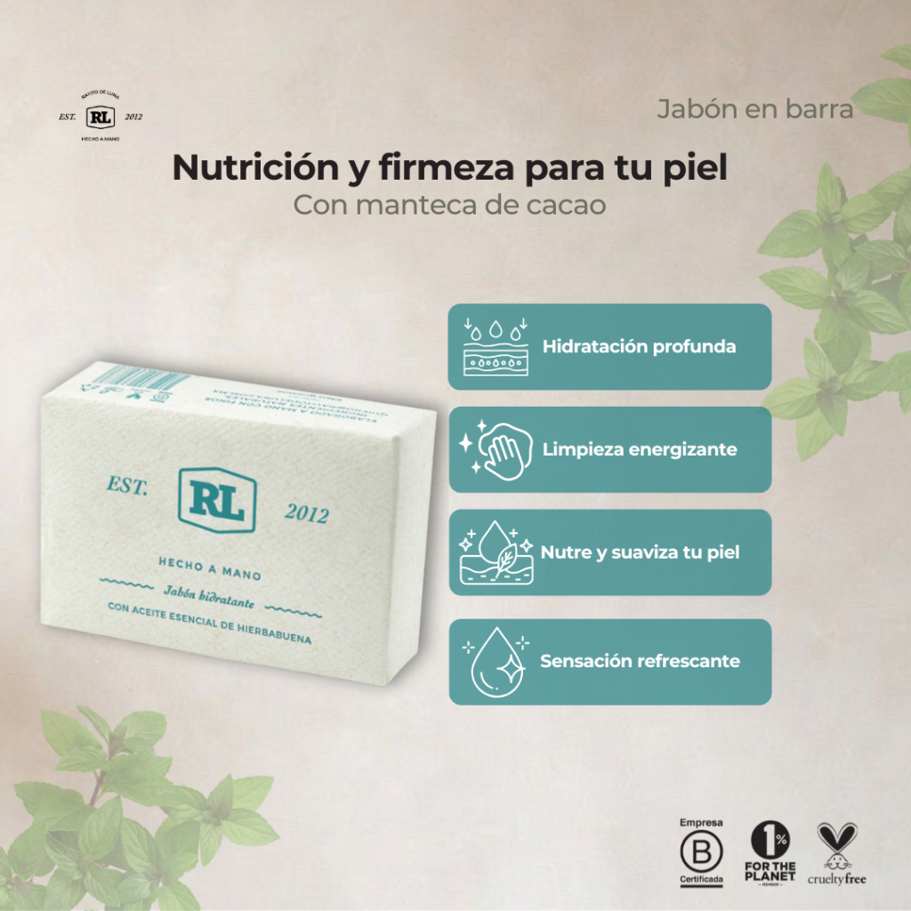 Ficha de beneficios del Jabón en Barra de Hierbabuena Rayito de Luna. Limpia suavemente la piel y proporciona una sensación refrescante.
