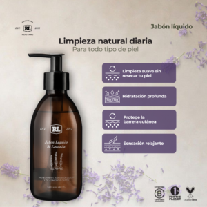 Ficha de beneficios del Jabón Líquido de Lavanda Rayito de Luna. Limpia suavemente la piel sin resecarla y brinda una experiencia relajante.