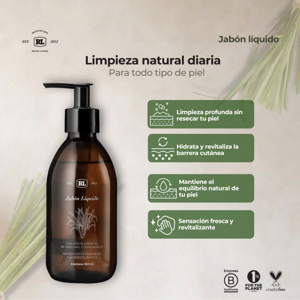 Ficha de beneficios del Jabón Líquido Lemongrass Rayito de Luna. Limpia la piel suavemente mientras proporciona una sensación de frescura.
