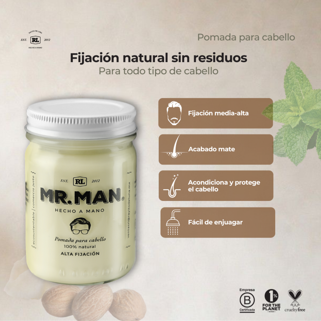Ficha de beneficios de la Pomada para Cabello Mr. Man. Proporciona fijación flexible, ayuda a controlar el peinado y aporta un acabado natural.