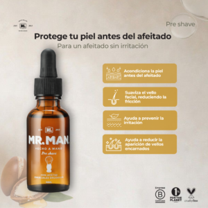 Ficha de beneficios del Aceite Pre Shave Mr. Man. Prepara la piel antes del afeitado, mejora el deslizamiento del rastrillo y ayuda a reducir la irritación.