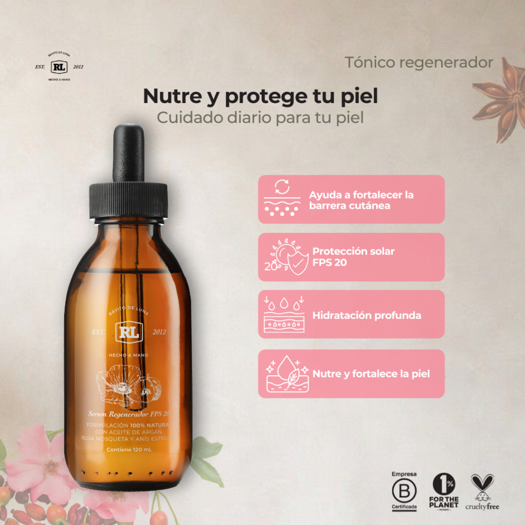 Ficha de beneficios del Serum Regenerador de Rayito de Luna. Refresca la piel, ayuda a equilibrarla y proporciona una sensación ligera.