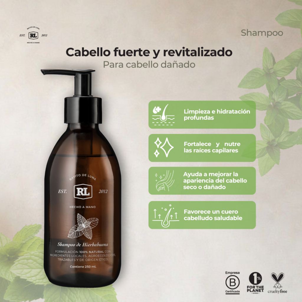 Ficha de beneficios del Shampoo de Hierbabuena Rayito de Luna. Limpia el cabello suavemente, ayuda a controlar la grasa y brinda una sensación refrescante.