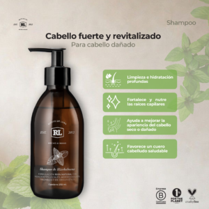 Ficha de beneficios del Shampoo de Hierbabuena Rayito de Luna. Limpia el cabello suavemente, ayuda a controlar la grasa y brinda una sensación refrescante.