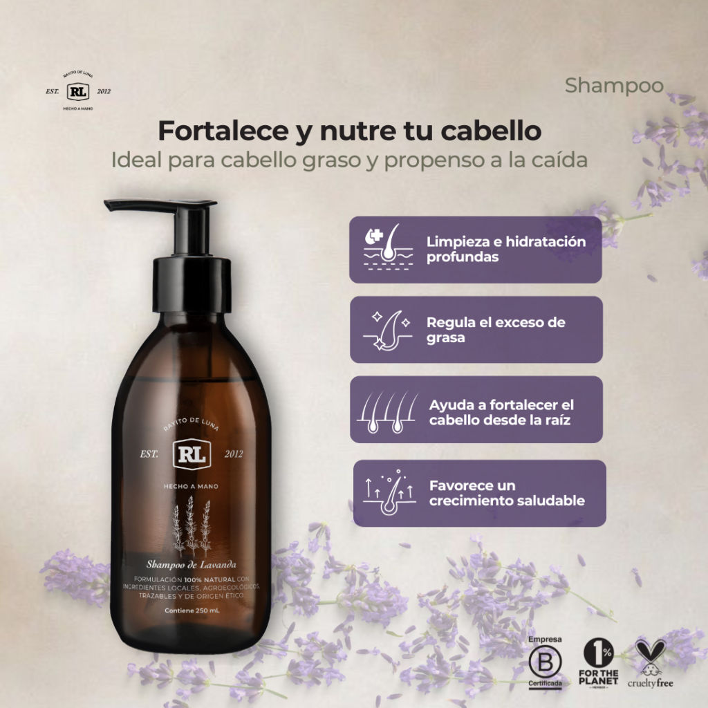 Ficha de beneficios del Shampoo de Lavanda Rayito de Luna. Limpia el cabello suavemente mientras lo hidrata y fortalece.