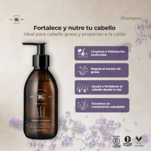 Ficha de beneficios del Shampoo de Lavanda Rayito de Luna. Limpia el cabello suavemente mientras lo hidrata y fortalece.