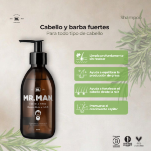 Ficha de beneficios del Shampoo para Barba y Cabello Mr. Man. Limpia suavemente el cabello y la barba mientras ayuda a mantenerlos hidratados y saludables.