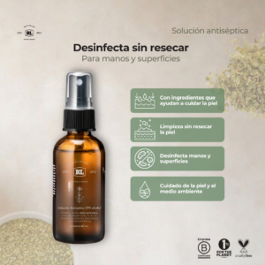 Ficha de beneficios de la Solución Antiséptica Rayito de Luna. Limpia la piel, ayuda a prevenir la proliferación de bacterias y brinda una sensación de frescura.