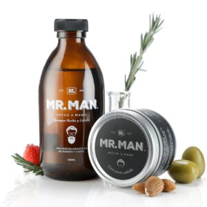 Kit cera para cabello y shampoo para barba y cabello Mr. Man, envase retornable.