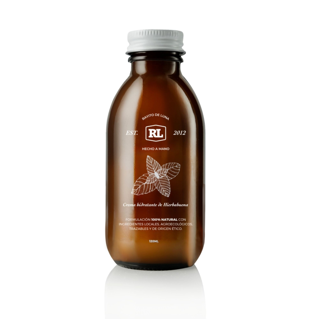 Crema hidratante de hierbabuena Rayito de Luna en envase de vidrio ámbar, 120 ml