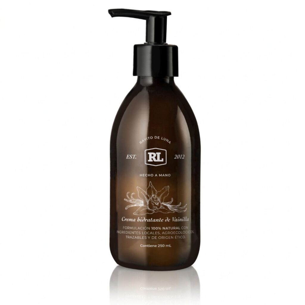 Crema hidratante de vainilla Rayito de Luna en envase de vidrio ámbar, 250 ml
