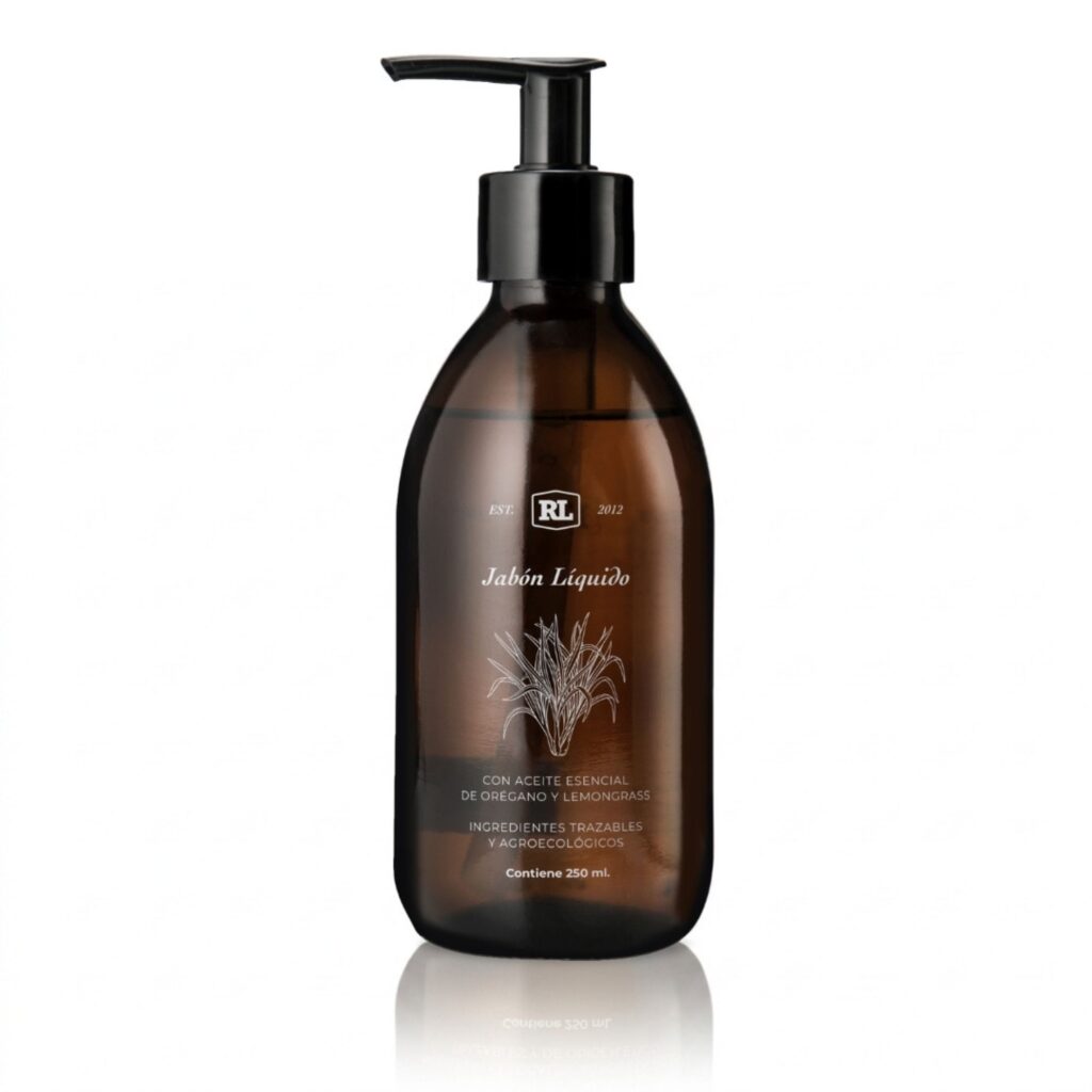 Jabón líquido de lemongrass Rayito de Luna en envase de vidrio ámbar, 250 ml