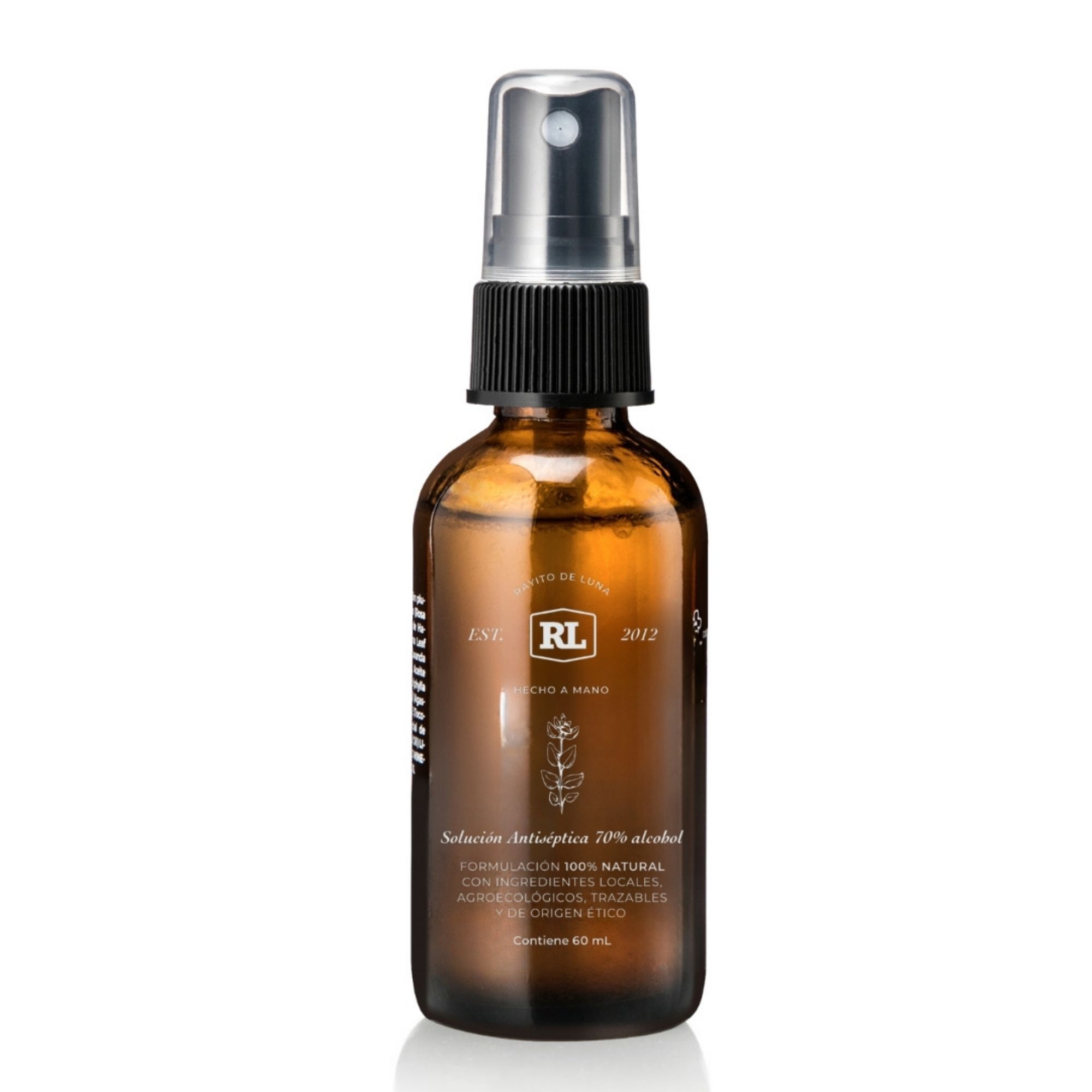 Spray desinfectante natural Alcohol 70% antibacterial Rayito de Luna en envase con atomizador
