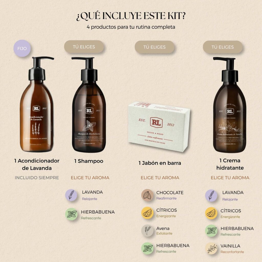 Kit acondicionador, shampoo, jabón en barra y crema Rayito de Luna