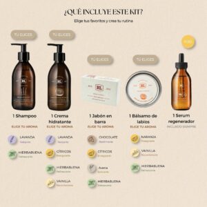 Kit Shampoo, crema, jabón en barra, bálsamo de labios, serum regenerador Rayito de Luna